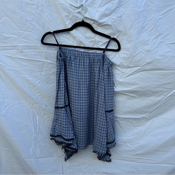 NWT Anthropologie Blue Plaid Off the Shoulder Peasant Top Bell Sleeve Large 0035 - Picture 7 of 8